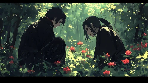 Quiet forest meeting among glowing flowers and soft light.