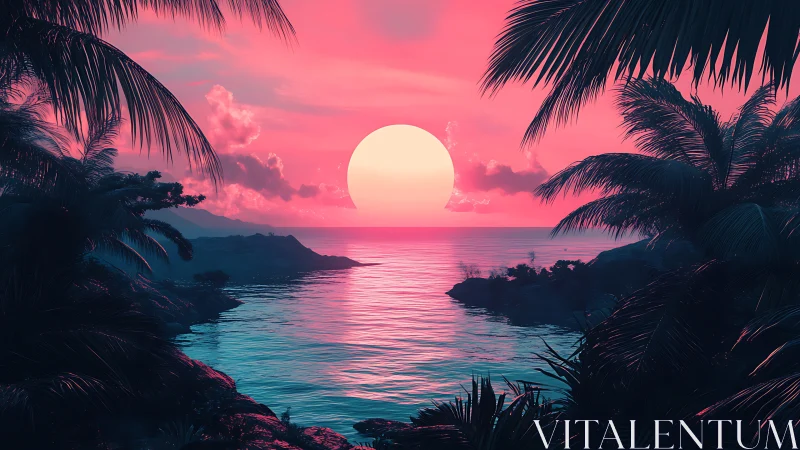 Neon tropical sunset seascape in stylized digital painting.