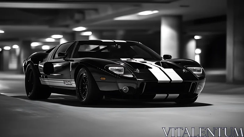 Midnight-striped supercar prowls a polished concrete lair