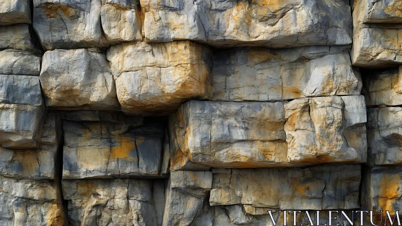 Stacked sedimentary rock blocks form a fractured vertical wall