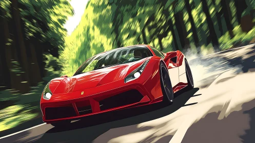 Red supercar drifts through sunlit forest mountain road.