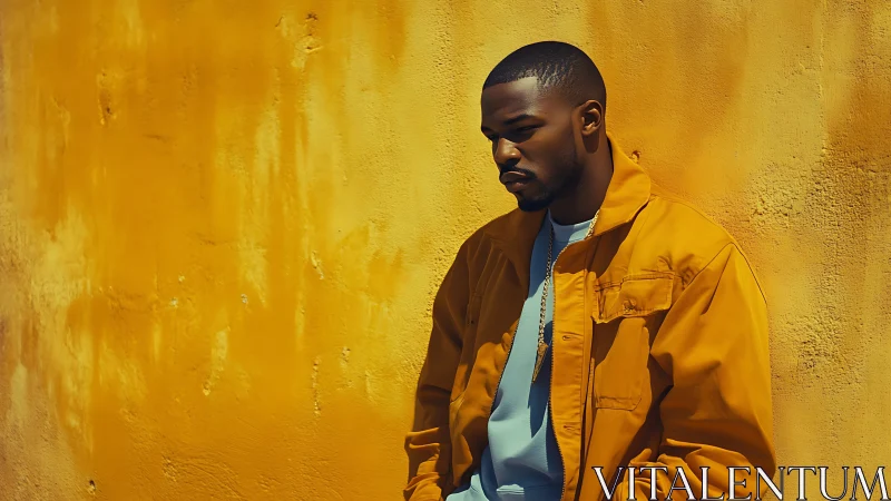Brooding daydreamer against a sun-drenched mustard wall.