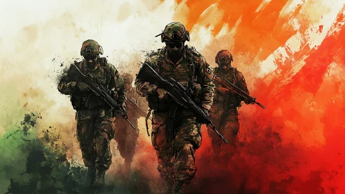 Armed soldiers advance against bold abstract color field.