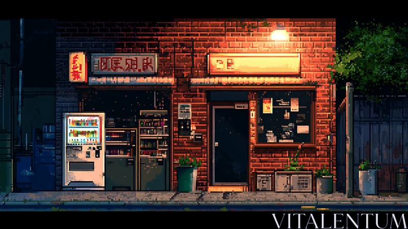 Nocturnal pixel streetscape with urban storefront microdetails.