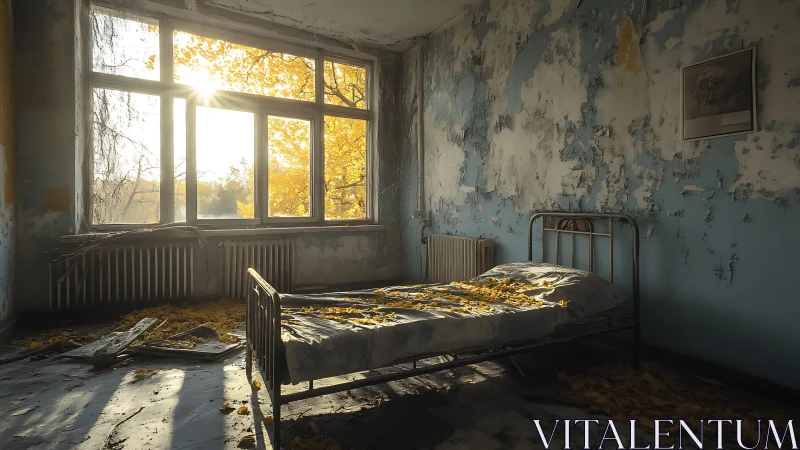 Sunlit abandoned bedroom captures quiet decay and memory