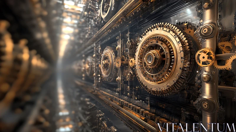 Complex metallic gear mechanism in a tunnel-like structure.