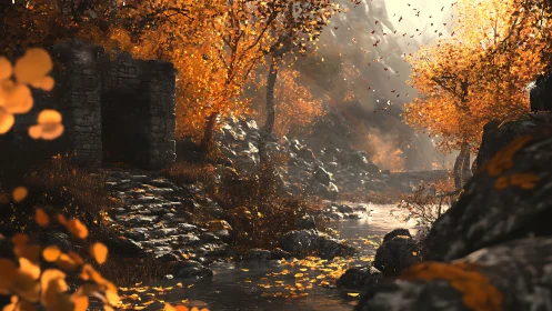 Autumnal Ravine Architecture: Particle-Laden Atmospheric Depth Rendered.