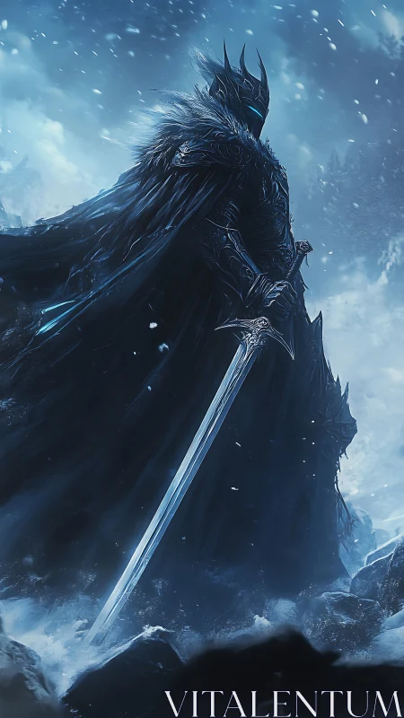 Ice warlord stands over frozen battlefield, sword drawn.