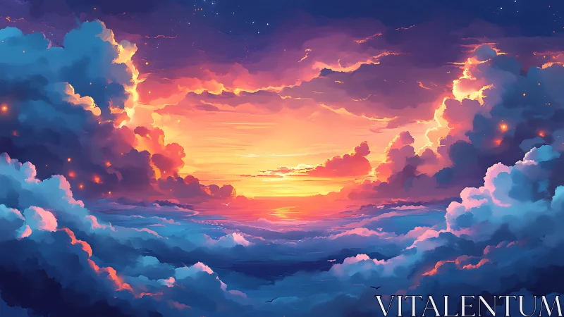 Radiant sky sunset ignites clouds with vivid neon light.