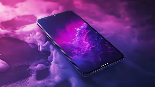 Modern smartphone lies on illuminated purple vapor surface