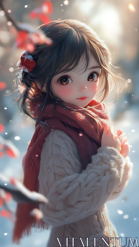 Snowy winter portrait of anime girl wrapped in red scarf.