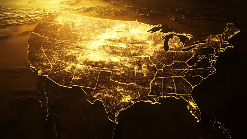 United States at night rendered as glowing data gridscape.
