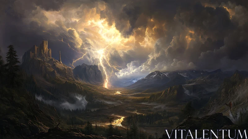 Electrodynamic storm breach over fortified alpine valleyscape.