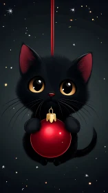Vector-black kitten suspended with glossy red bauble ornament.