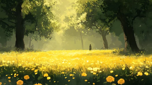 Sunlit wanderer drifts through a whispering yellow meadow
