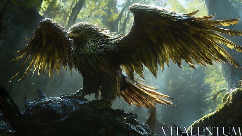 Majestic fantasy eagle in sunlit forest, digital painting style.