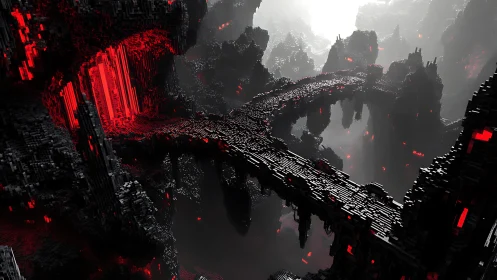 Bridging molten data chasms, a dark voxel realm awakens