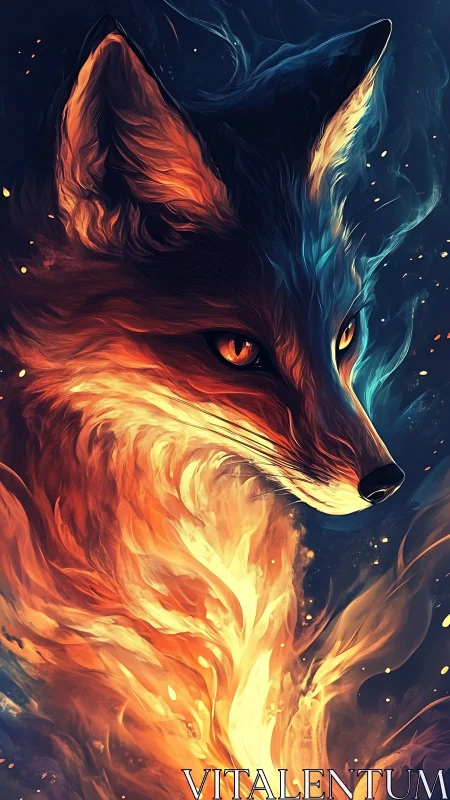 Fire and starlit fox spirit wrapped in glowing swirling flames.