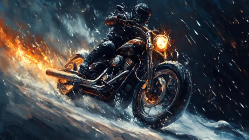 Motorcyclist rides through fire and storm on dark highway.