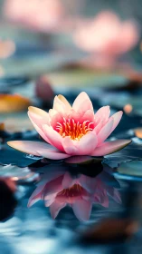 Pink water lily in calm reflective pond at close range.