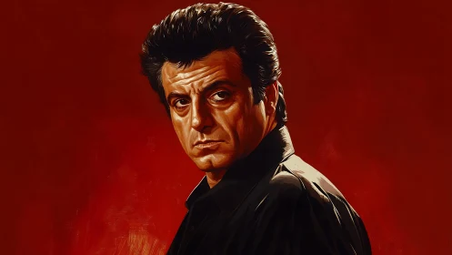 Brooding male portrait on red background in profile pose.