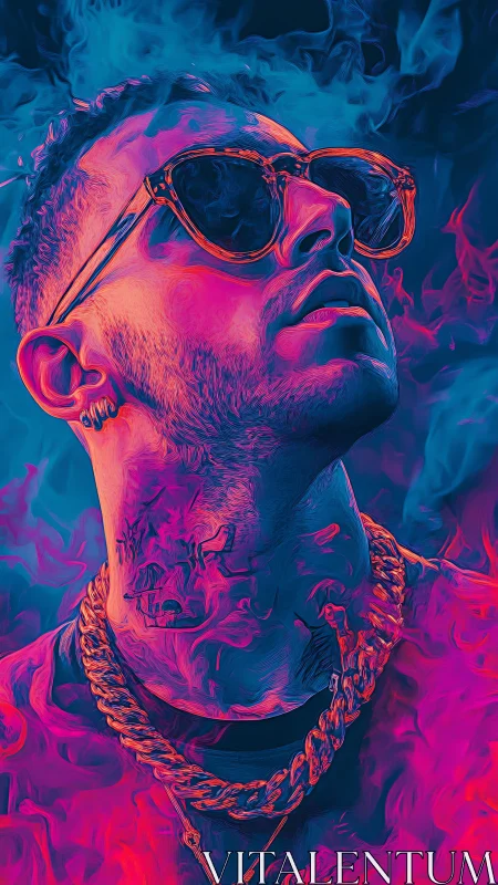 Neon thermal-style portrait of sunglasses wearer in vapor field.