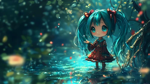 Tiny forest dreamer standing in a pool of starlit water.