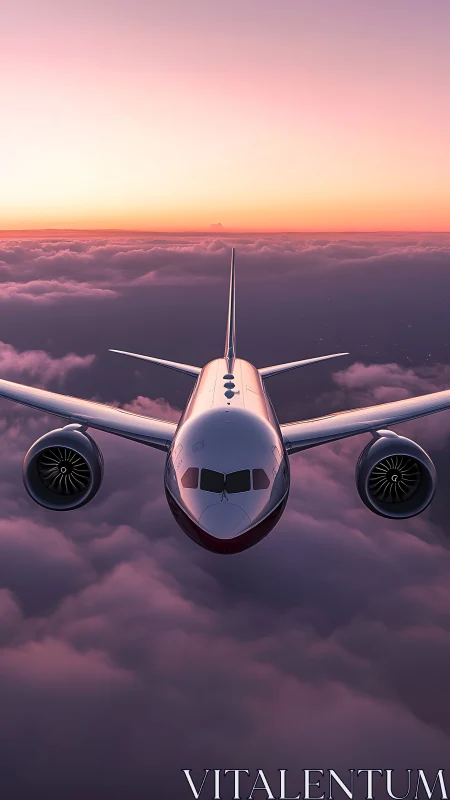Airliner nose-on over stratiform clouds at cinematic dusk light