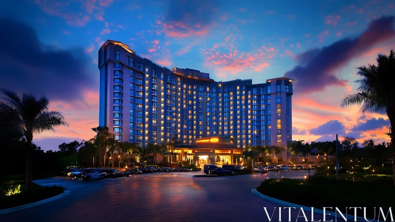 Modern resort hotel tower at dusk with lit windows and entry.