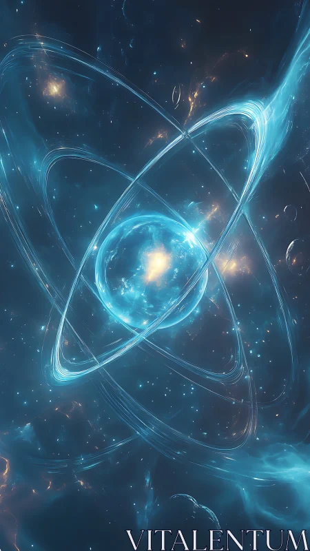 Glowing atomic orb anchors a swirling cosmic energy field.