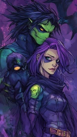 Bioluminescent vigilantes with corvid familiars in violet ether.