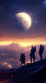 Three armored explorers overlook futuristic city at dusk.
