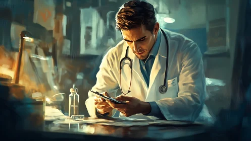 Focused doctor studies digital chart under warm light.