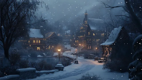 Snowy village lane glowing with warm winter lights at dusk.