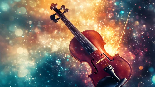 Violin and bow against multicolored abstract light field.
