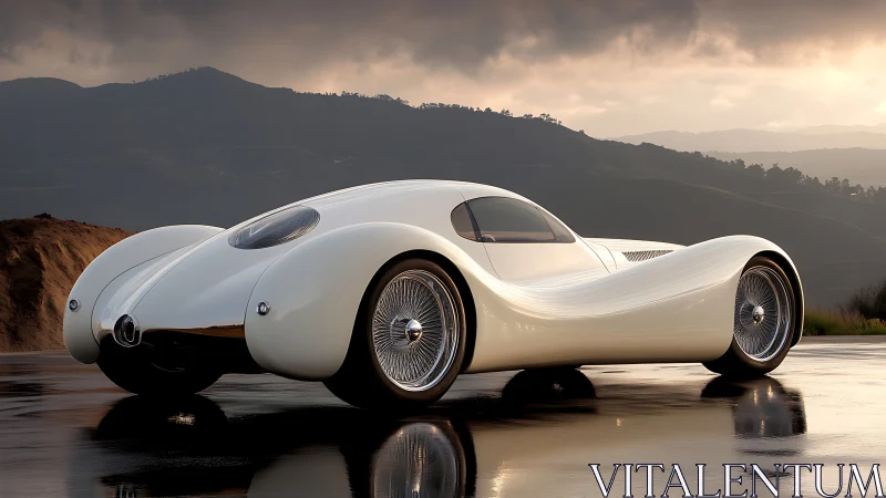 Sculpted white concept car gliding over a reflective roadway.