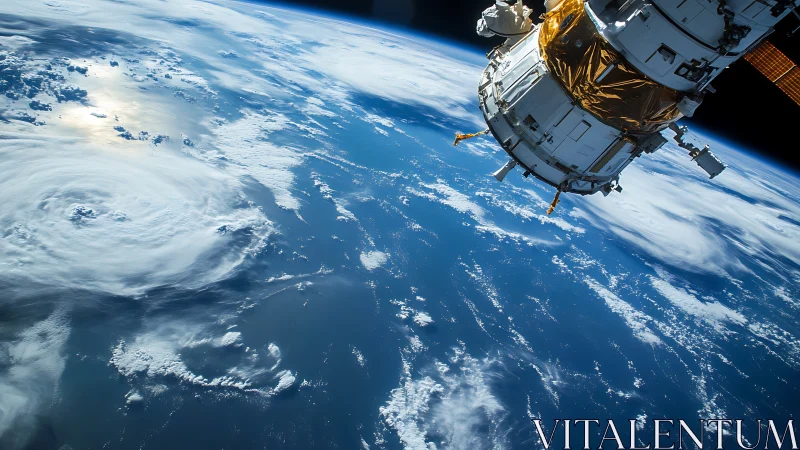 Weather satellite orbiting above Earth over swirling clouds.