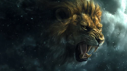 Roaring lion head emerging from dark swirling storm clouds.