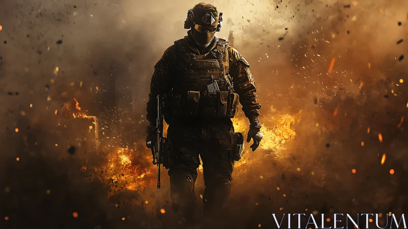 Tactical operator advancing through incendiary battlefield debris