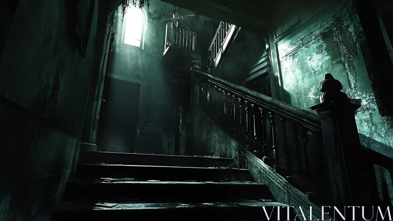 Haunted staircase rises into eerie light in decayed mansion