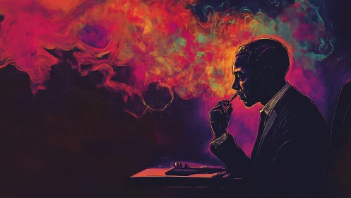 Contemplative smoker with neon vapor cloud in profile view.