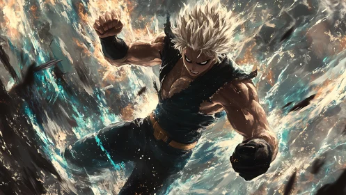 Fierce anime warrior surges forward through swirling energy