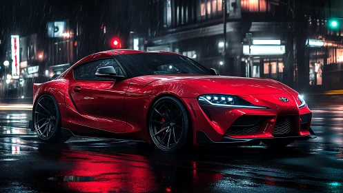 Red sports coupe is parked on wet urban street at night