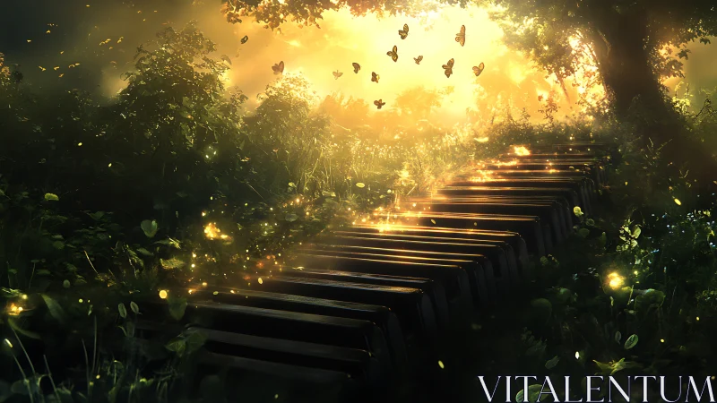 Sunlit forest piano path glows with drifting butterflies
