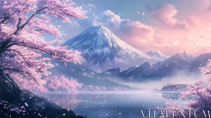 Cherry blossom lake before snowcapped mountain at sunrise.