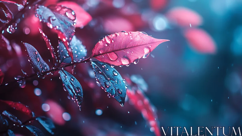 Neon rain-kissed leaves glow under moody bokeh light.