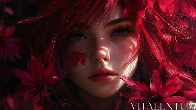 Crimson petals frame a quiet, softly glowing daydreamer.