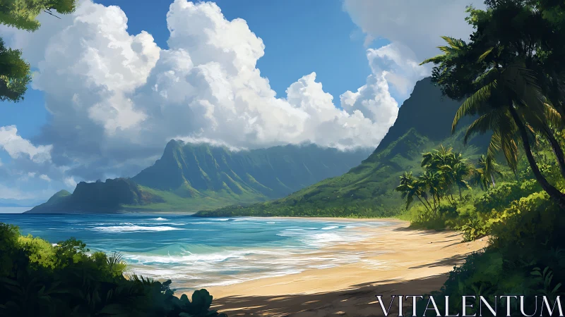 Tropical Beach with Verdant Cliffs Under Cumulus Clouds