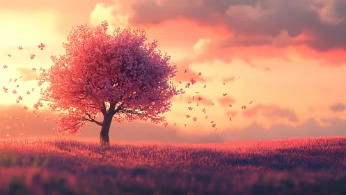 Digital painting of lone cherry tree in luminous sunset field.