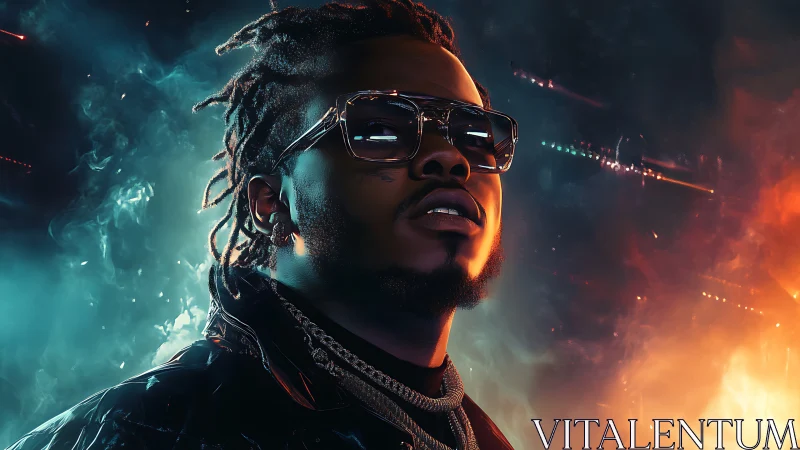 Neon smoke crown around a midnight urban hitmaker hero.